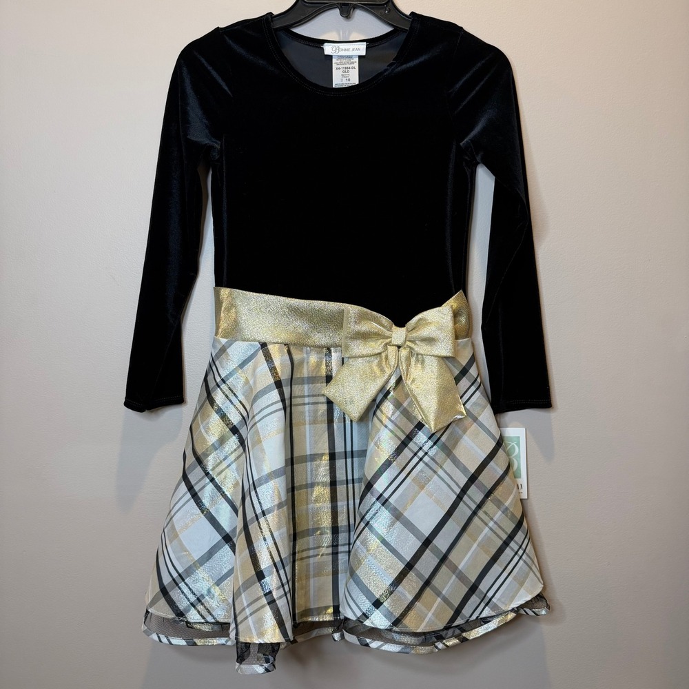NWT Bonnie Jean Black Velvet Bow Gold Plaid Metallic Holiday Dress Girls Size 10